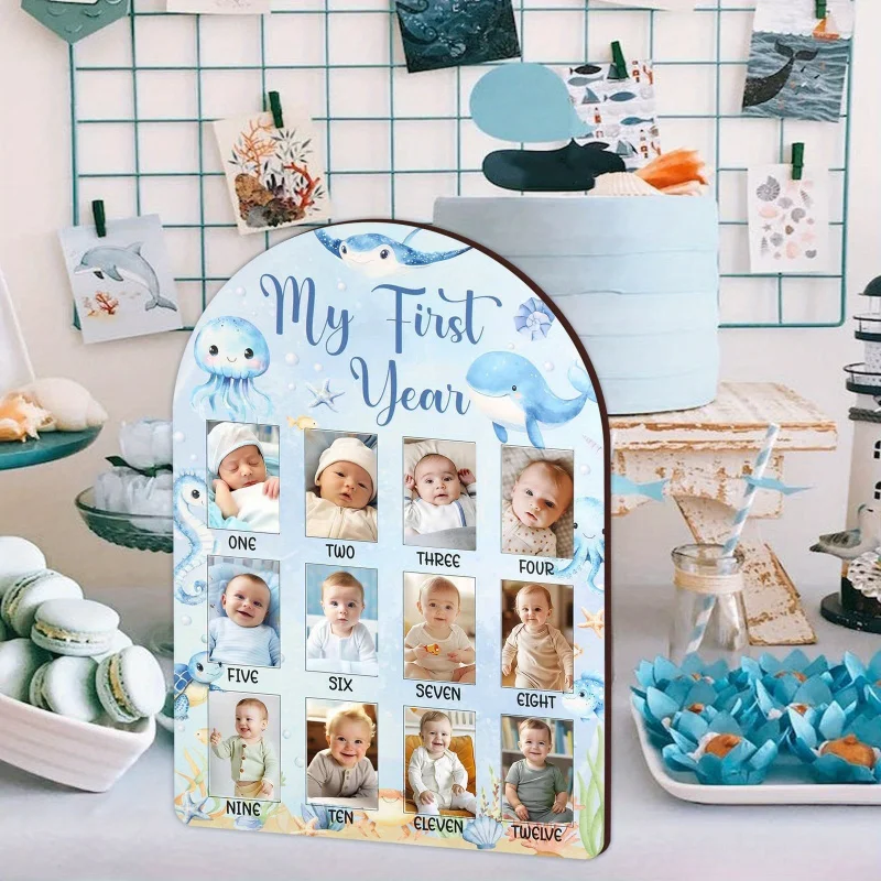 1pc Under The Sea My First Year Photo Frame, Baby's First Year Wooden Picture Frame Blue, Newborn 12 Months