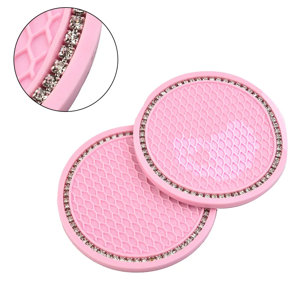 for durable High Quality New Practical Useful Vehicle Cup Holder Mat Interior Pad Pink Rhinestones 2pcs Set 7cm Dia