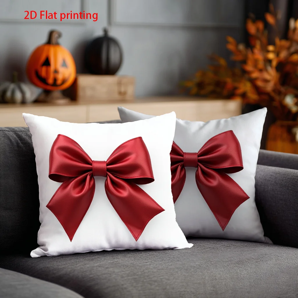 Red Satin Bow Pillow & Cushion Cover  Elegant 3D Illusion Print on White Background, Festive Decor for Living Room or Bedroom