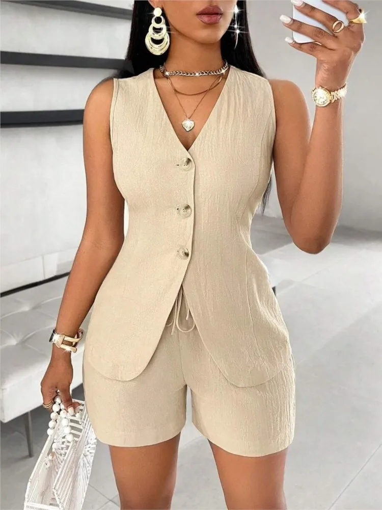 

Fashion Solid Set Lady Casual V Neck Sleeveless Button Tops+Shorts Two Piece Sets For Women Elegant Office Womens Clothing New