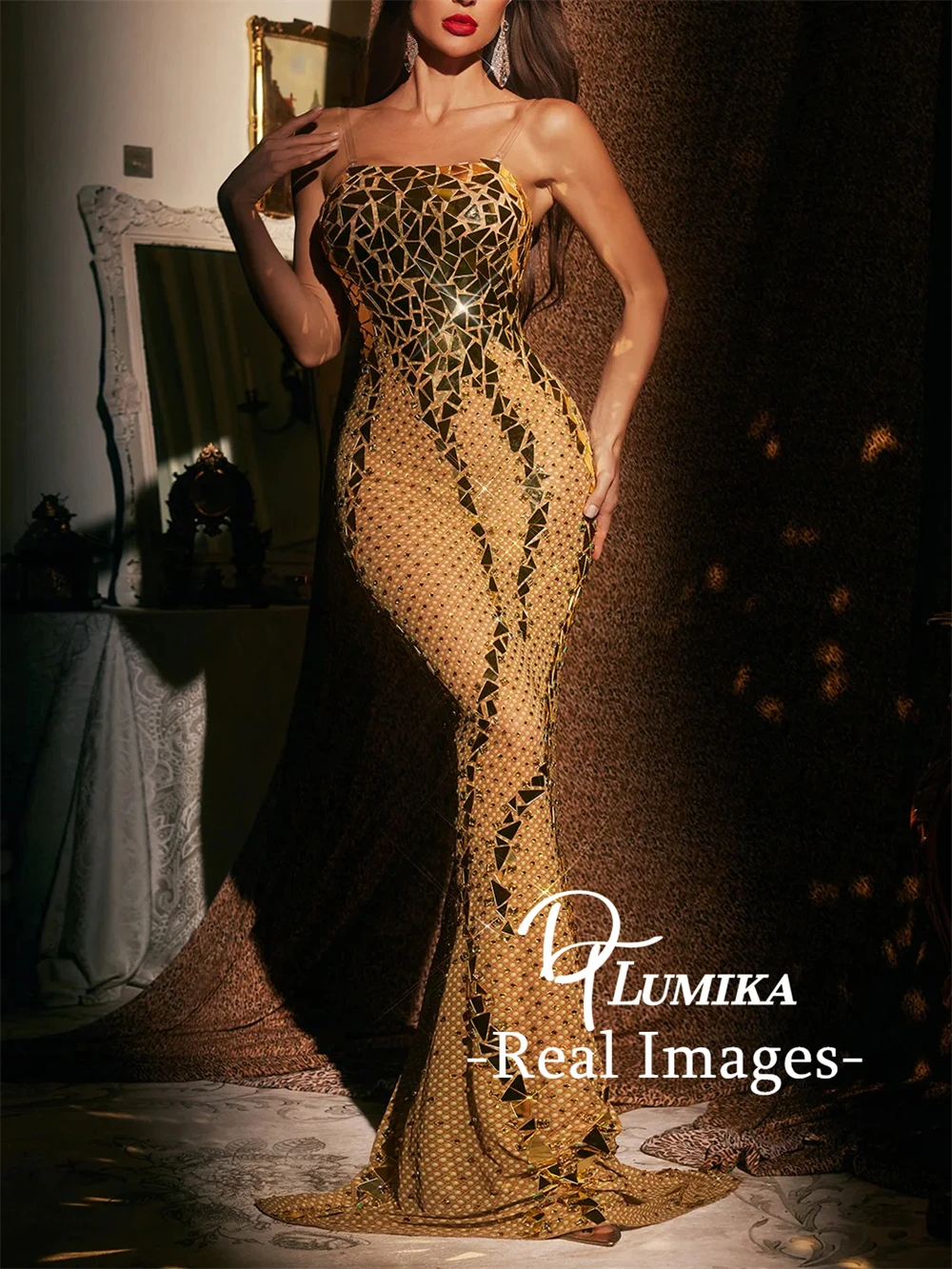 

DTLumika - платье макси с золотым зеркальным декором, женские вечерние платья, реальные изображения, коктейльные платья без бретелек