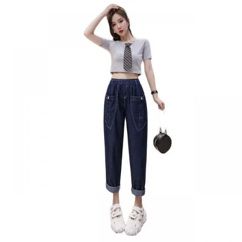 Loose Jeans Female Haren Pants New Spring Autumn Fashion with Elastic Waist High Waist Show Thin Daddy Women Denim Tide Trousers