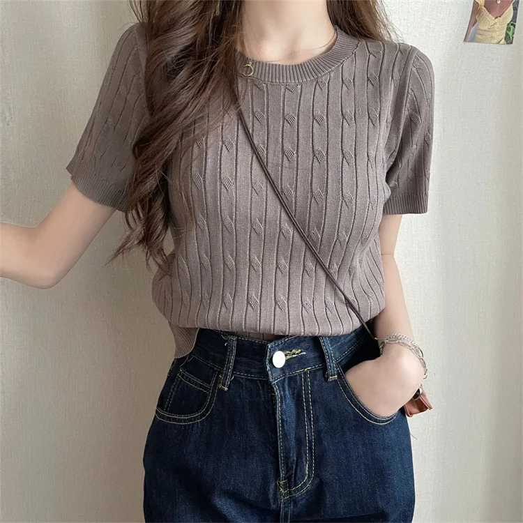 Damen Sommer Vintage Rundhals Kurzarm Strick-T-Shirt Mädchen Damen Slim Fit Top Damen Casual Sport Layering Basic-Shirt – Detail 16