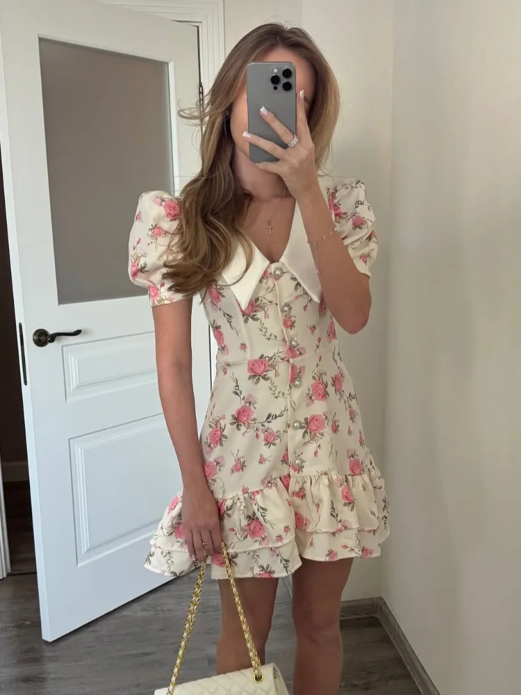 

Elegant Floral Print Ruffle Mini Dress with Pearl Buttons for Women, Party & Evening Wear