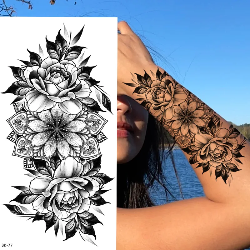 Esboço tatuagem flor temporária braço inteiro corpo arte adesivos adulto semi permanente falsa tatuagem para mulher à prova dwaterproof água fácil de aplicar