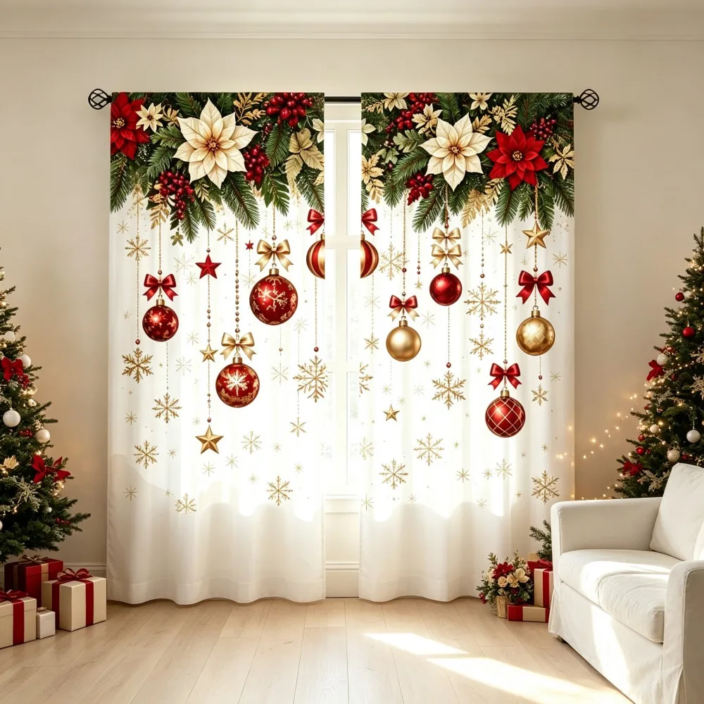 2PCS Christmas Winter Curtains, Poinsettia Pine Berry Red Gold Ornament Bow, Digital Print, Bedroom Living Room, Home Decor