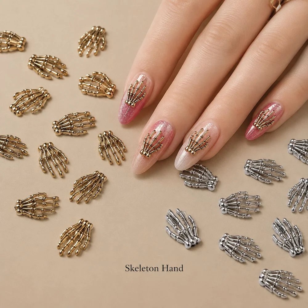 10Pcs 3D Retro Skeleton Hand Nail Charm Metal Alloy Skull Hand Nail Stud Punk Gothic Accessories For Halloween Nail Art Creation