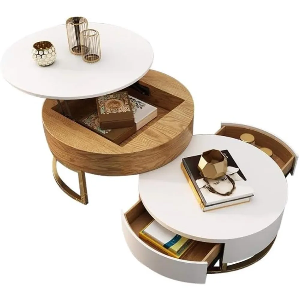 Round Coffee Table White with Storage Lift-Top Wood Coffee Table Lifts up with Rotatable Drawers