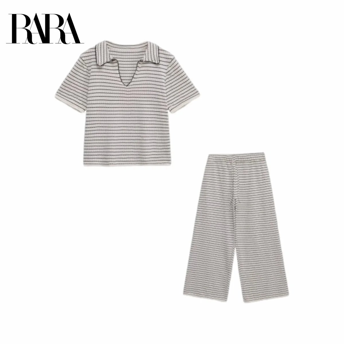 

RARA2025 new summer women's casual fashion striped texture knitted collared top + drawstring wide-leg trousers