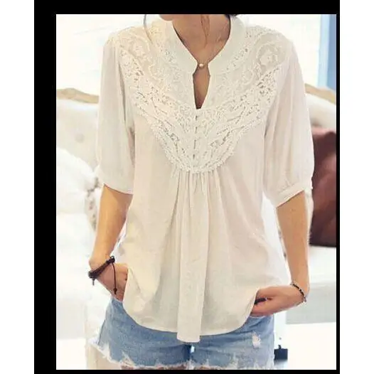 T-shirt à col creux en dentelle pour femmes, coupe ample, lanterne en Fiber de Polyester, Sve Five Quarter Sve Color