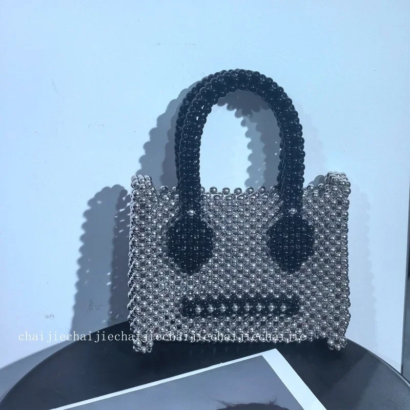 

2024 New Fashionable Personalized Silver Expression Cute Square Women's Bag Customizable Handwoven Beaded Evening Handbag
