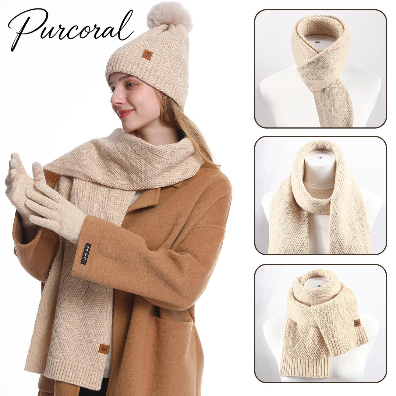 Purcoral 2026 New 3Pcs Winter Warm Set Pom Pom Beanie Hat Knitted Scarf Touch Screen Gloves Women Fleece Lined Accessories