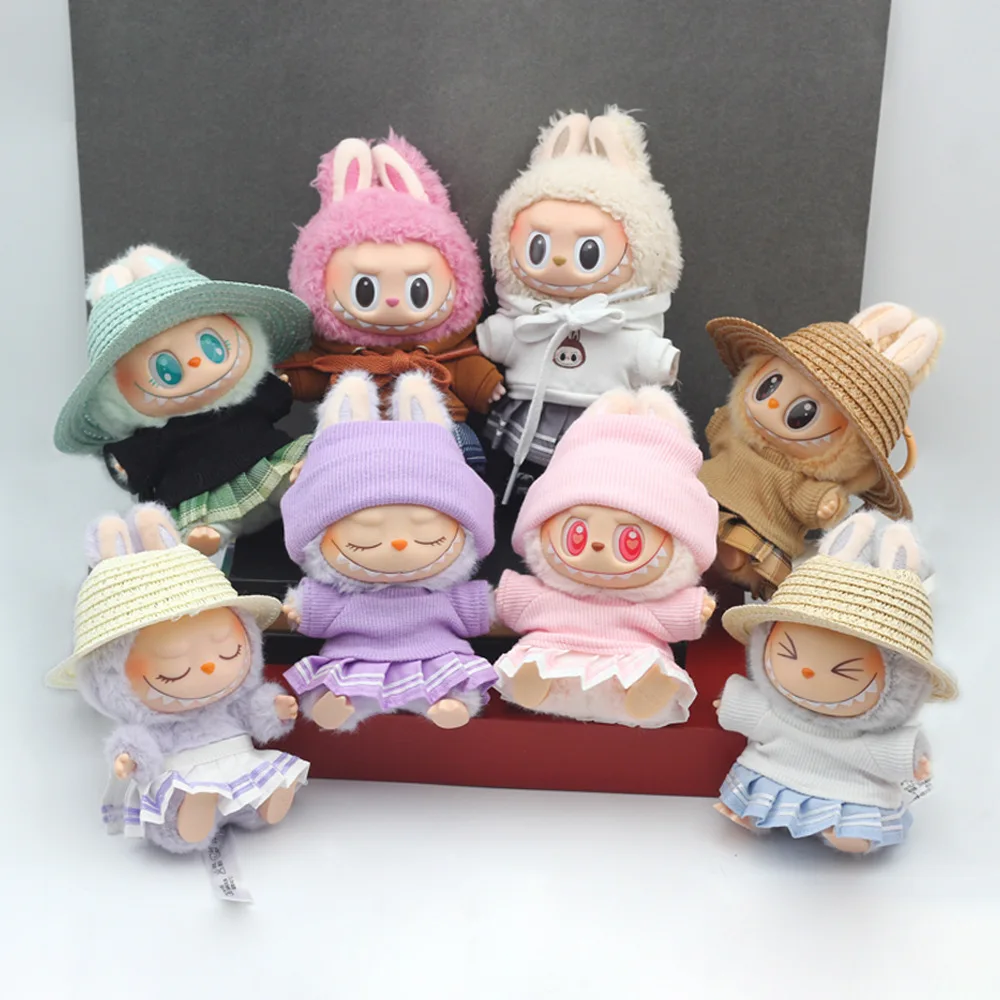 17cm Labubu Doll Clothes Set Outfit Skirt and Sweater with Woven Hat Doll Accessories Set