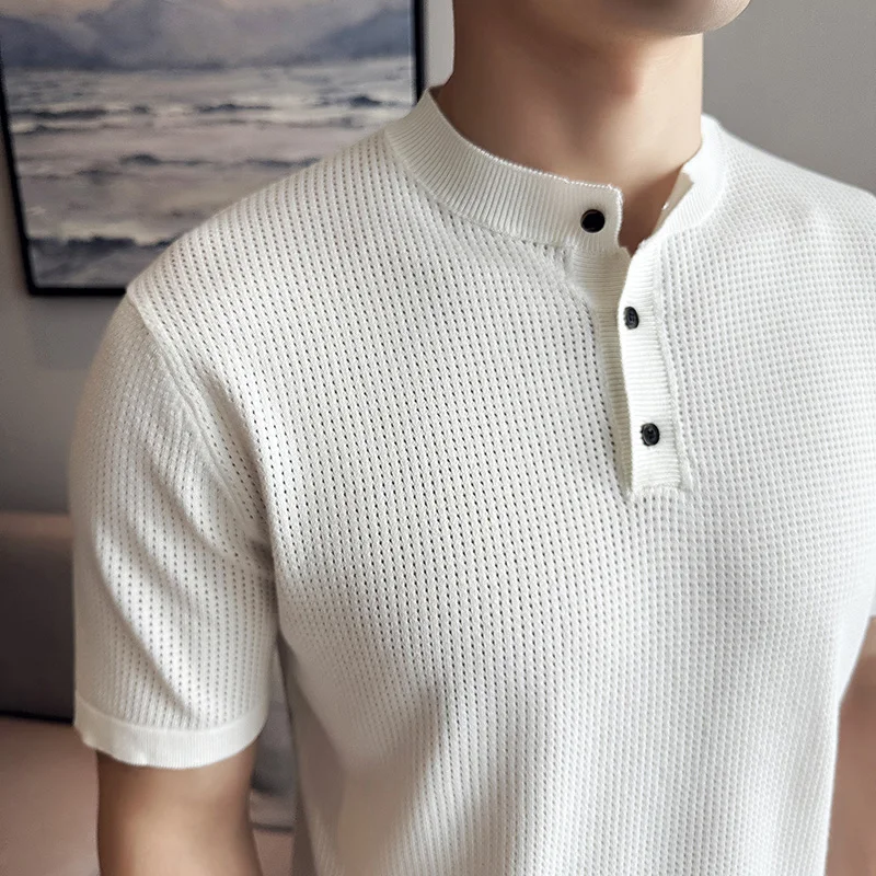 Men\'s Polo Shirt 2024 Summer New Thin Chinese Stand Up Collar Solid Color Knitted Short Sleeved T-shirt Casual Men\'s Clothing