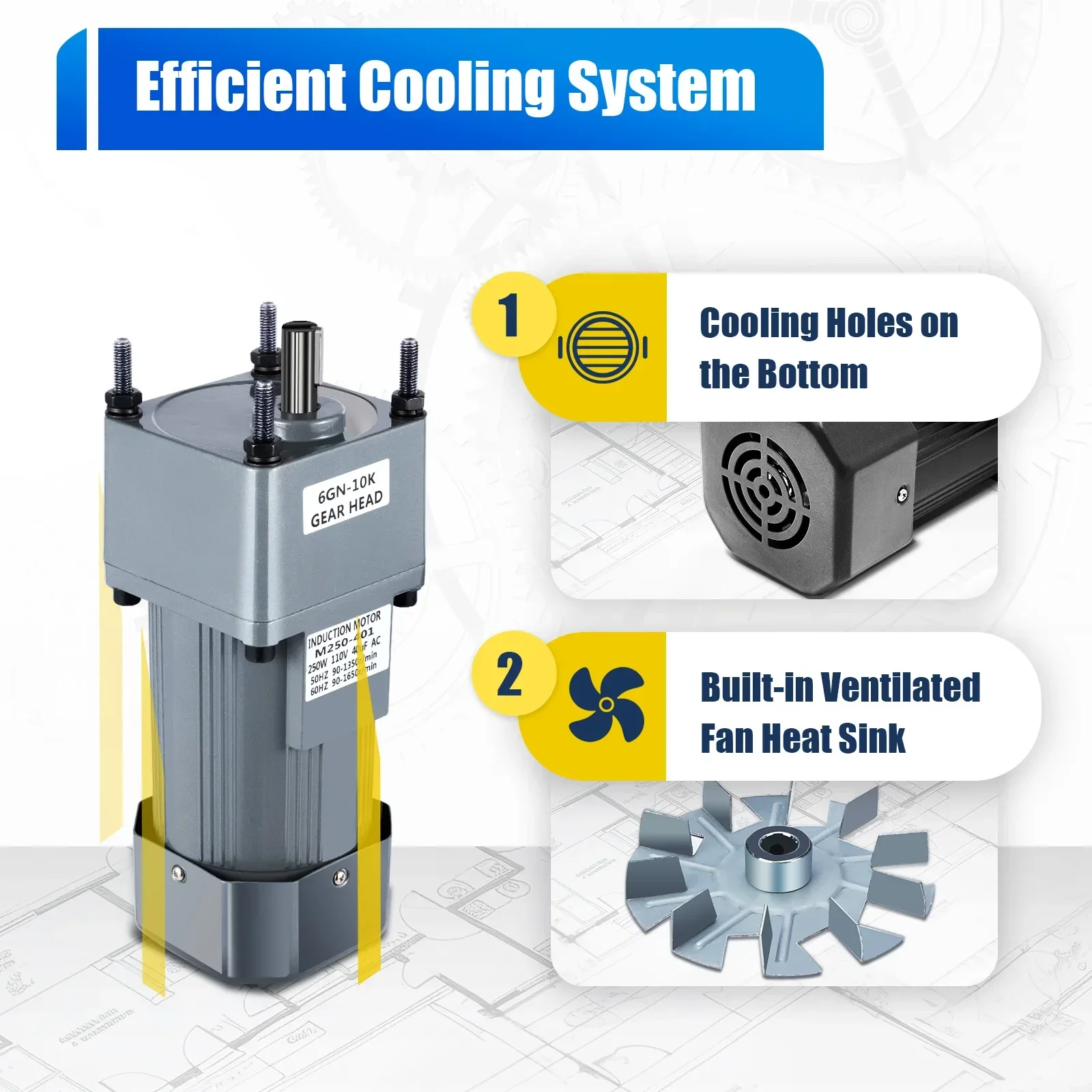 มอเตอร์ควบคุมความเร็ว 250W 10K+ตัวควบคุมความเร็ว, มอเตอร์ลดเกียร์ 110V AC, ระบบควบคุมความเร็วแบบปรับได้แบบไฟฟ้า