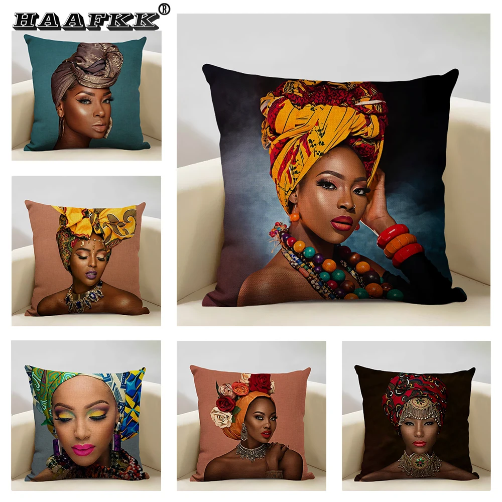 Fashionable Lady, Sofa Decorative Pillow, African Culture, Bedroom Cushion Cover, Linen 45x45cm Hotel Cafe Decorative Pillow