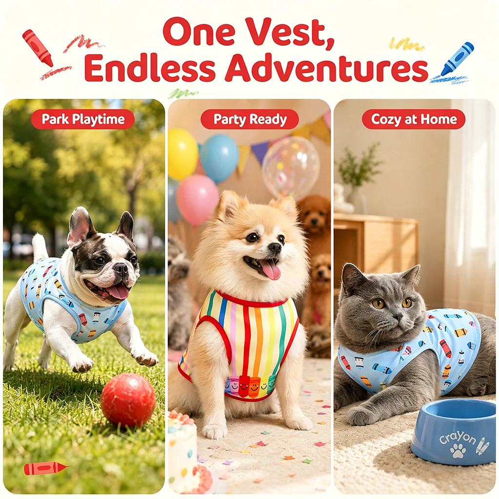 2Pcs Pet Dog Playful Crayon Vest Set, Yellow & Blue Dog Vest Top Apparel, Small Medium Large Dog Clothes, Summer Dog Outfit view 4
