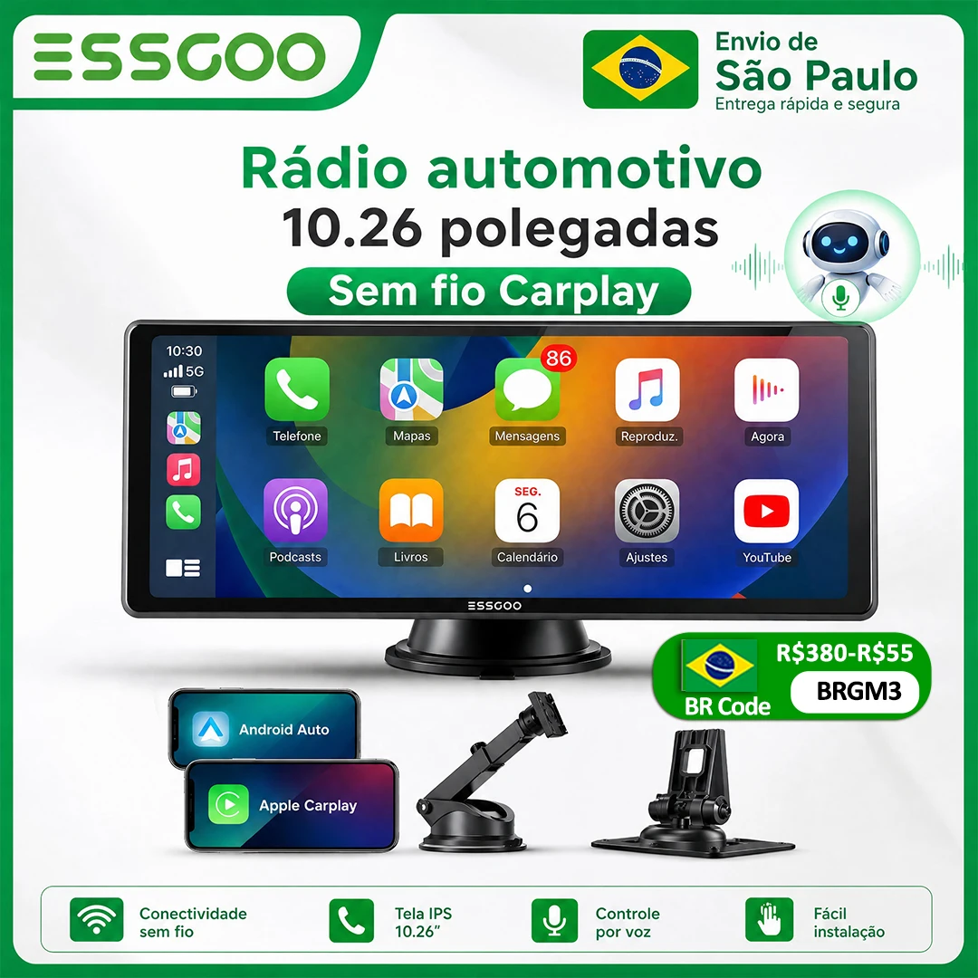 ESSGOO Tela Portátil 10,26 "Sem Fio CarPlay Câmera de Ré HD Rádio DVR MP5 Leitor Multimídia para Carro com Android Auto