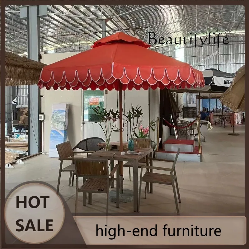 G45 Outdoor Parasol Hotel B & B Beach Scenic Area Eight Bones Aluminum Alloy Middle Column Large Umbrella Tassel Wave Edge Creat