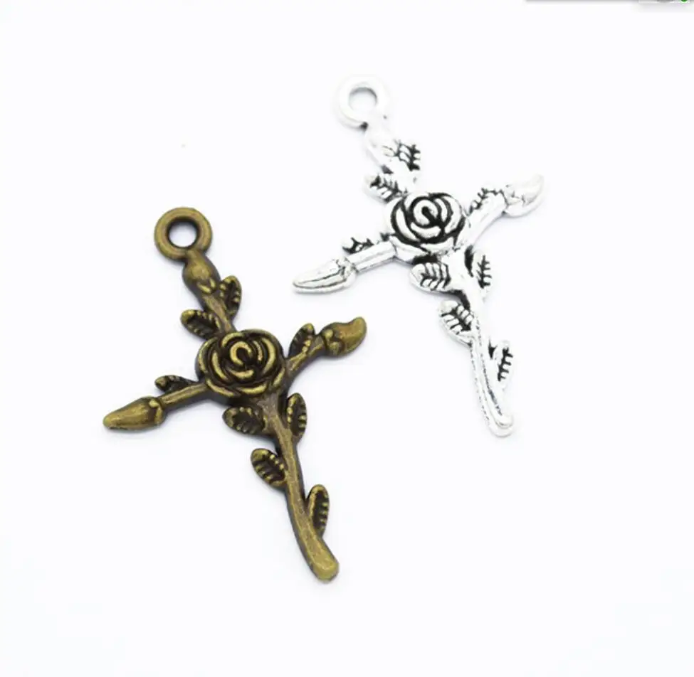 

Fashion Alloy Rose Flower Cross Charms Religious Charms 24*35mm 50pcs F0226