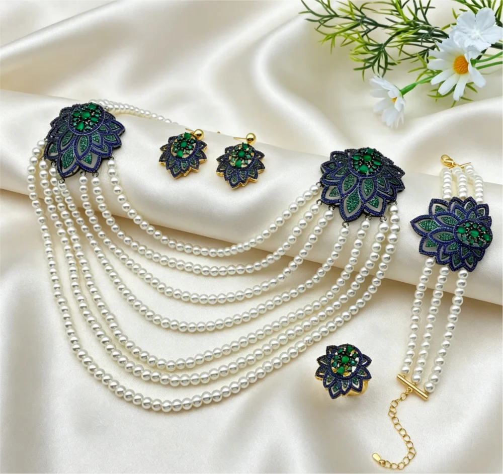Falair Bride Series Women's Pearl Jewelry Set Zircon Gold Plated Copper Bracelet Ring Necklace Earring for Wedding