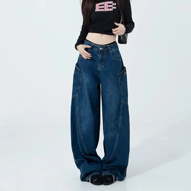 GUUZYUVIZ Blue Loose Baggy Jeans Women Y2k Streetwear Casual Vinatge High Waist Splice Denim Pants 2024 Fashion Trousers