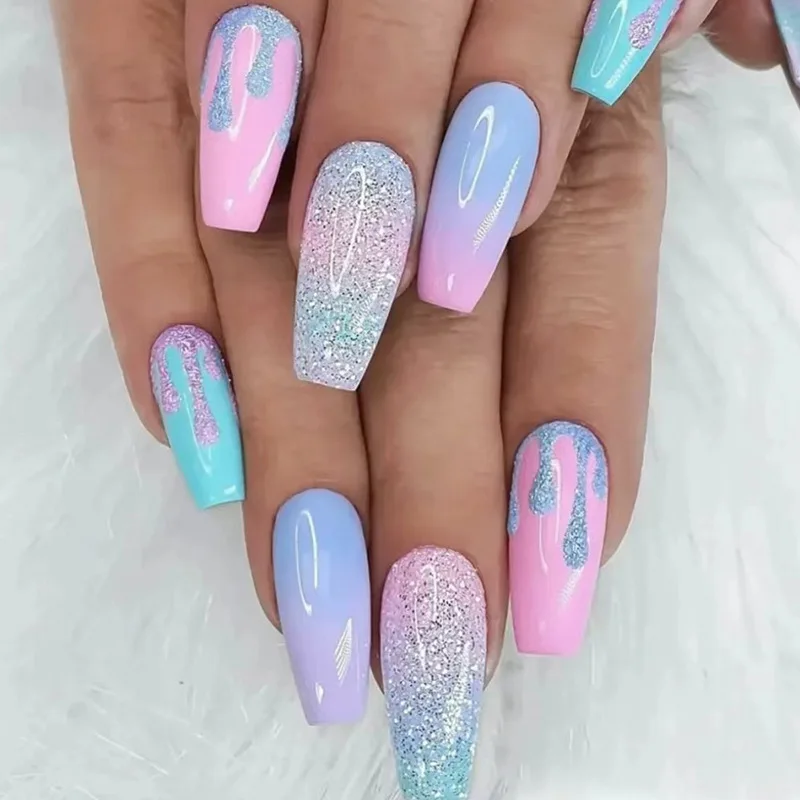 24pcs Gradient Macaron Colors Press on Nails Medium Ballerina Coffin Fake Nails with Sparkling Design Full Cover Stick on Nail