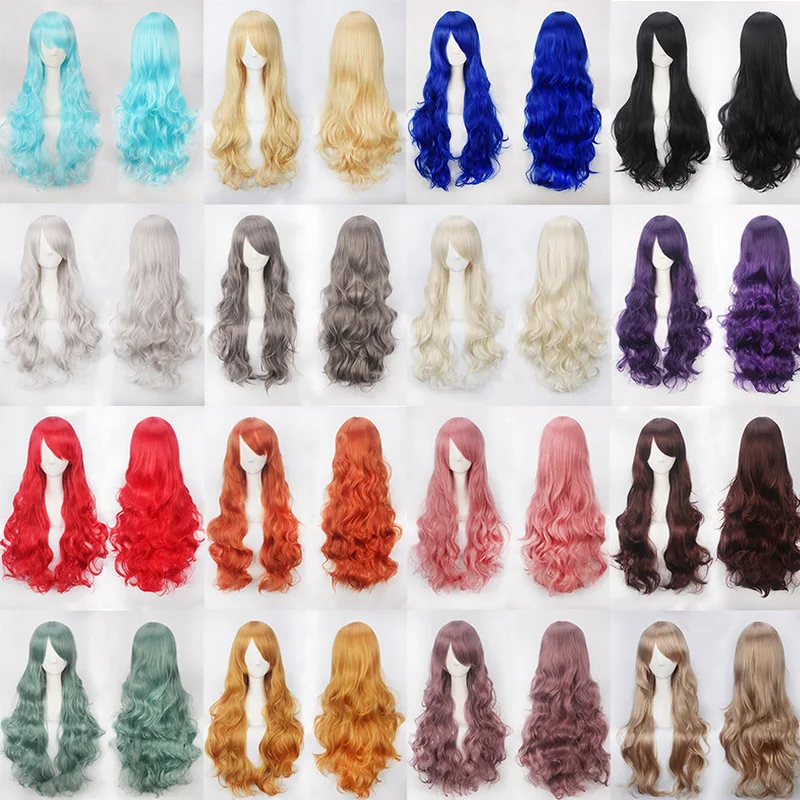 

European and American style cos color anime wig, with foreign trade buckle net, universal, 80CM long, curly Synthetic fiber wig