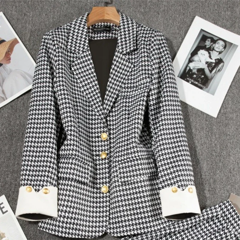Suit Jacket for Women Spring Autumn Style Casual Temperament Socialite Fashion Houndstooth Long Sleeved Suit Top New