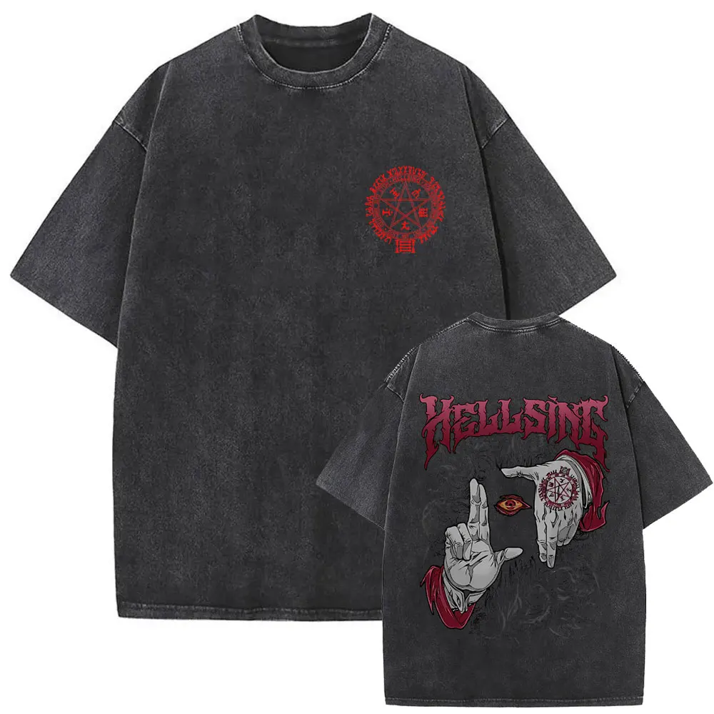 

Hellsing Occult Ritual Red Pentagram Acid Wash Oversized Black T-Shirt 2026 Summer Streetwear Anime Graphic Tee for Men Women