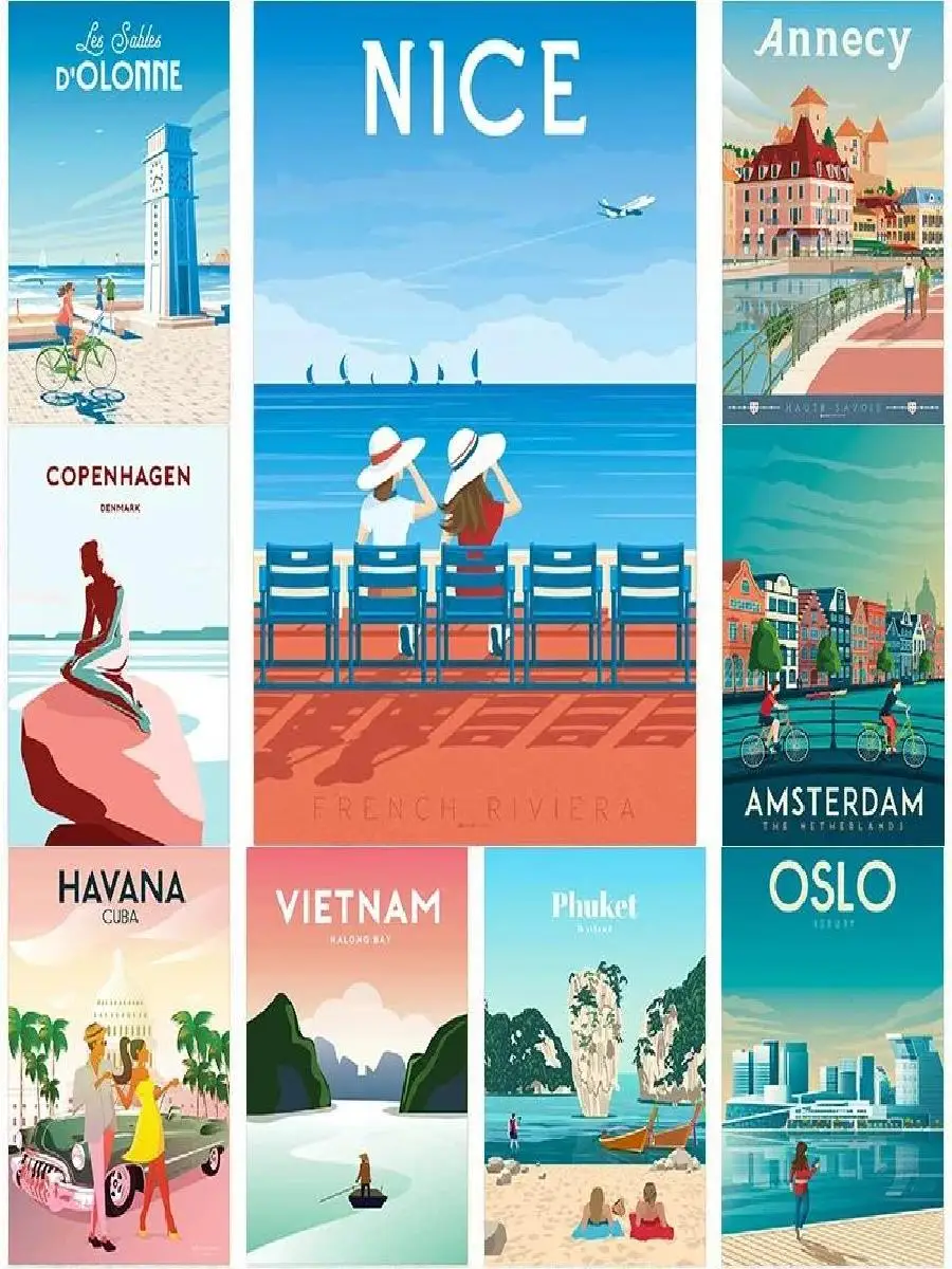 Modern Nordic Canvas Painting Wall Art  Travel City Posters of Finland Vietnam Oslo Nice  Cartoon Style Home Decoration for Livi