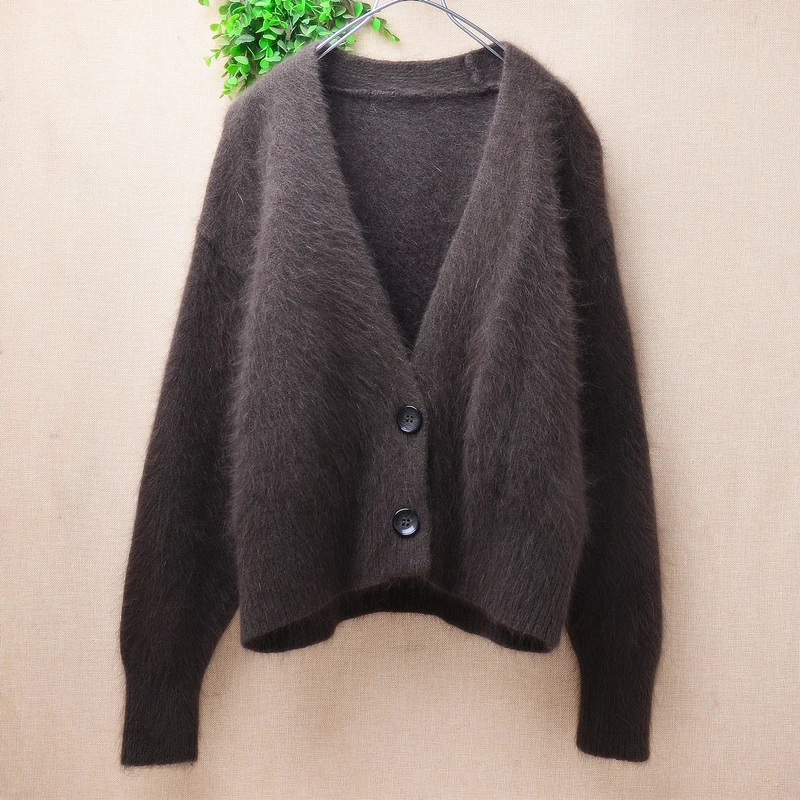 Ladies Women Autumn Winter Hairy Angora Rabbit Hair Knitted V-Neck Long Sleeves Short Style Loose Cardigans Sweater Jacket Pull