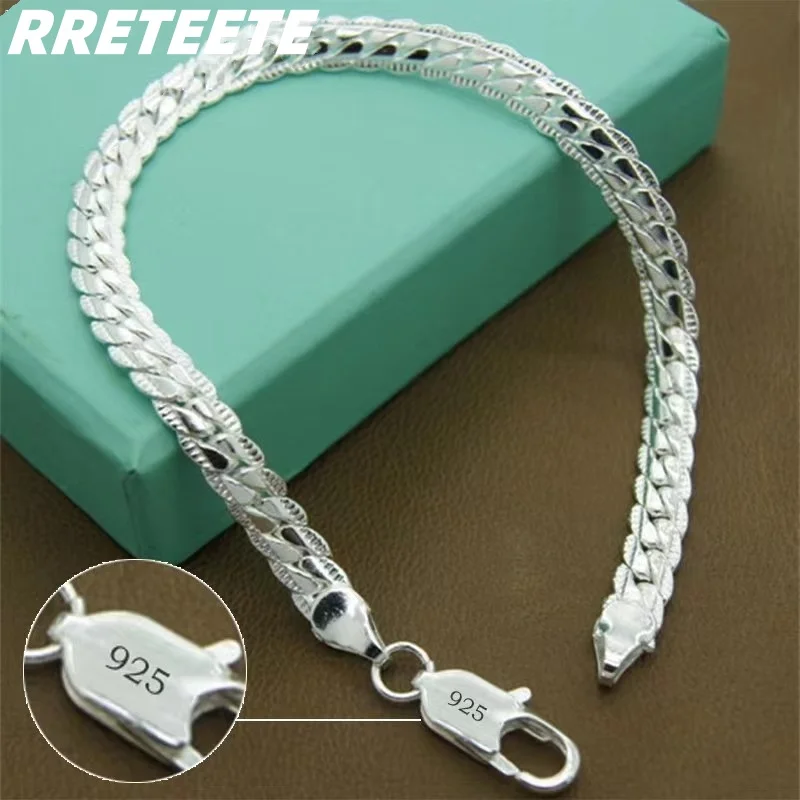 

925 Sterling Silver Bracelet 6mm 18/20cm Flat Side Chain Lobster Clasp For Woman Man Wedding Engagement Jewelry