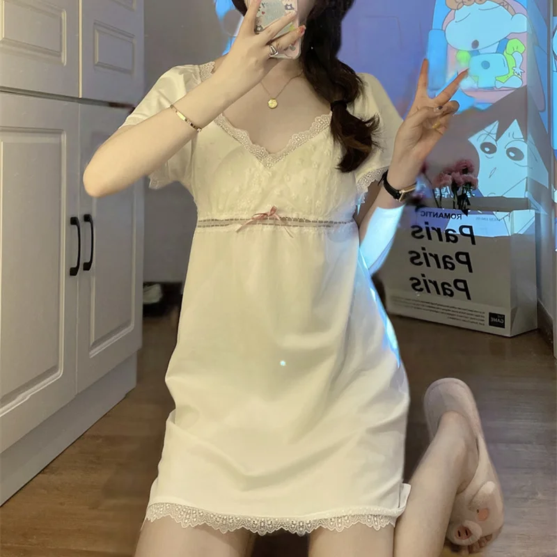 

Nightgowns Women Sweet Ins Fashion Cozy Summer Female Bow Design Cute Girls Sleepwear Korean Style Simple Homewear Lounge Soft