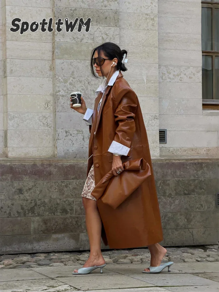 Faux Leather Long Trench Coat Women Button Front Lapel Long Sleeve Pocket Loose Single Breasted Coats Autumn Vintage Outerwears