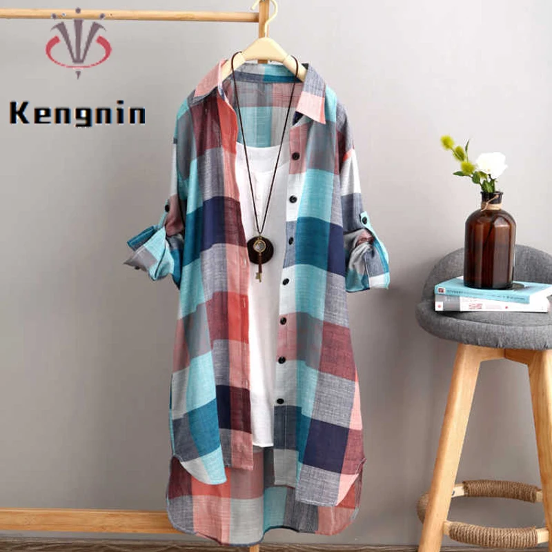 

Summer Sunshirts Cotton Linen Women Shirt 2024 Plus Size 3XL Loose Lady Blouse Plaid Long Sleeve Casual Blause Female Tops KN177