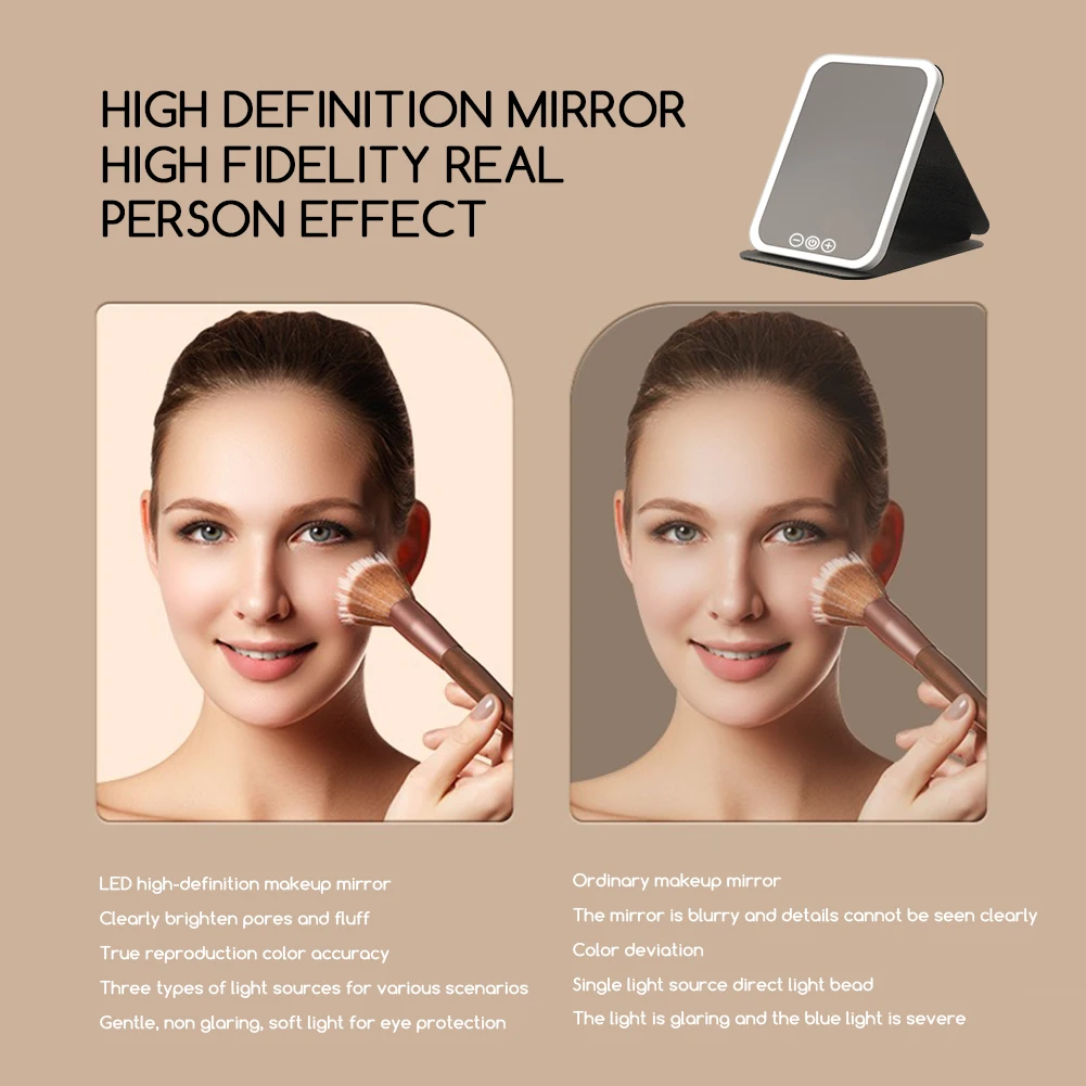 3-kleuren dimbare LED-make-upspiegel met touchscreen Opvouwbare cosmetische make-upspiegel Oplaadbaar tafelblad voor reizen en thuisgebruik