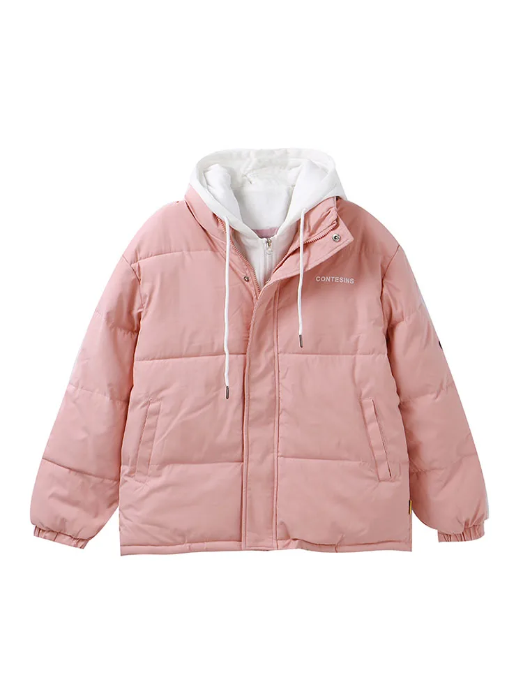 Fake Two Pieces Down Cotton Jacket For Women In 2023 Winter New Korean Version Loose And Slimming Hooded Women's Cotton Coat