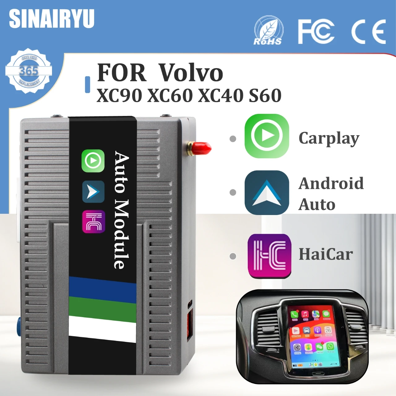 Sinairyu Wireless Carplay For Volvo XC90/XC60/XC40/S90/S60 Full Screen Carplay AI Upgrade Adapter USB Android Auto Hicar