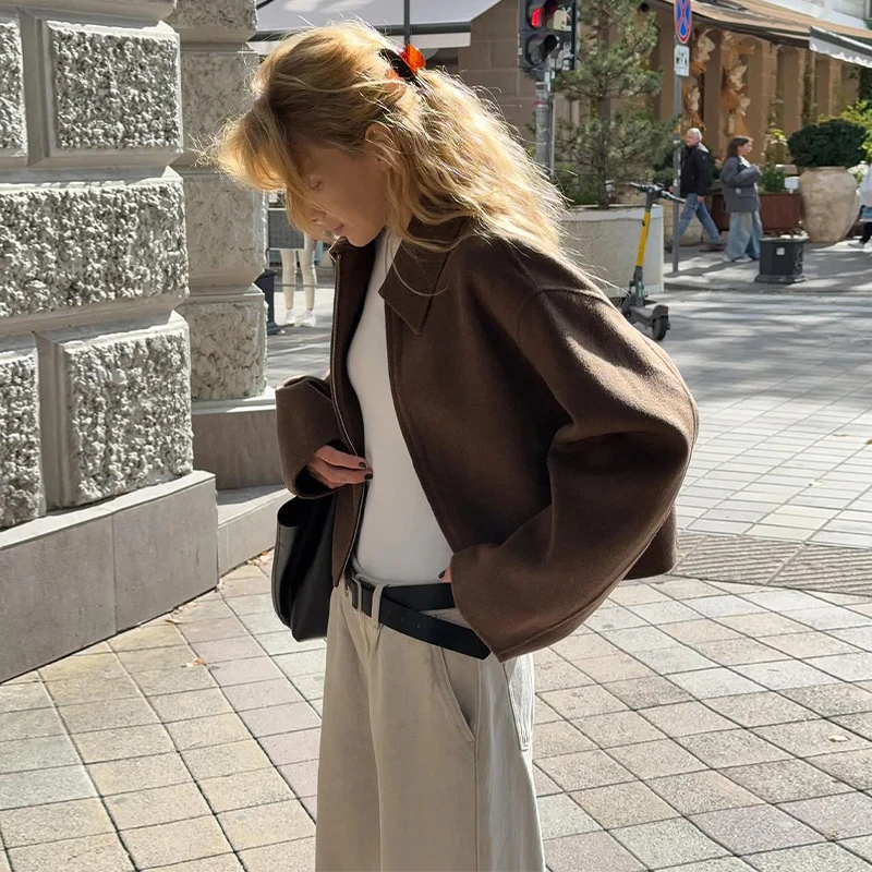 Übergroße Kurze Wolljacken für Damen mit Revers, Langen Ärmeln, Reißverschlusstaschen, Einfarbig, Locker Geschnitten, Schicke Herbst-Neuheiten Oberbekleidung – Detail 18