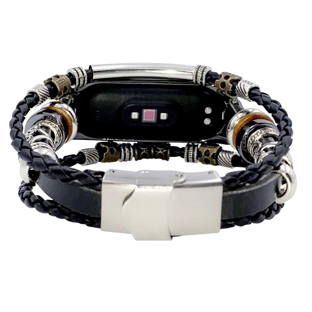 FIFATA Retro Beaded Style Metal+Leather Replacement Watch Strap For Xiaomi Mi Band 4/Mi Band 3 Smart Watch Wristband Accessories