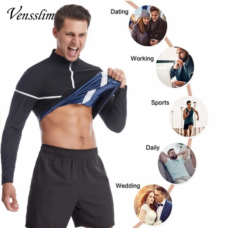 Men Long Sleeves Sauna Sweat Shirts Waist Trainer Body Shaper Zipper Tank Tops Hot Thermo Slimming Workout Weight Loss Suits