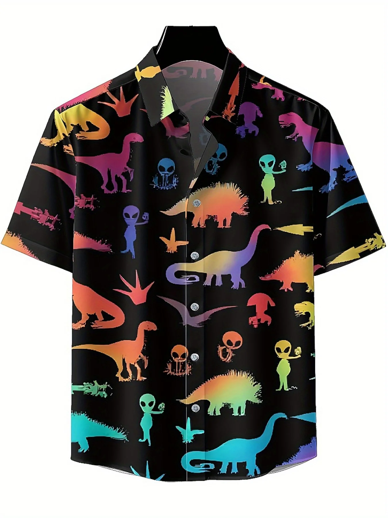 قمصان هاواي للرجال مقاس كبير بنمط الديناصورات والأجانب بألوان قوس قزح، قمصان صيفية غير رسمية، مناسبة للحفلات الخارجية، ملابس الشارع