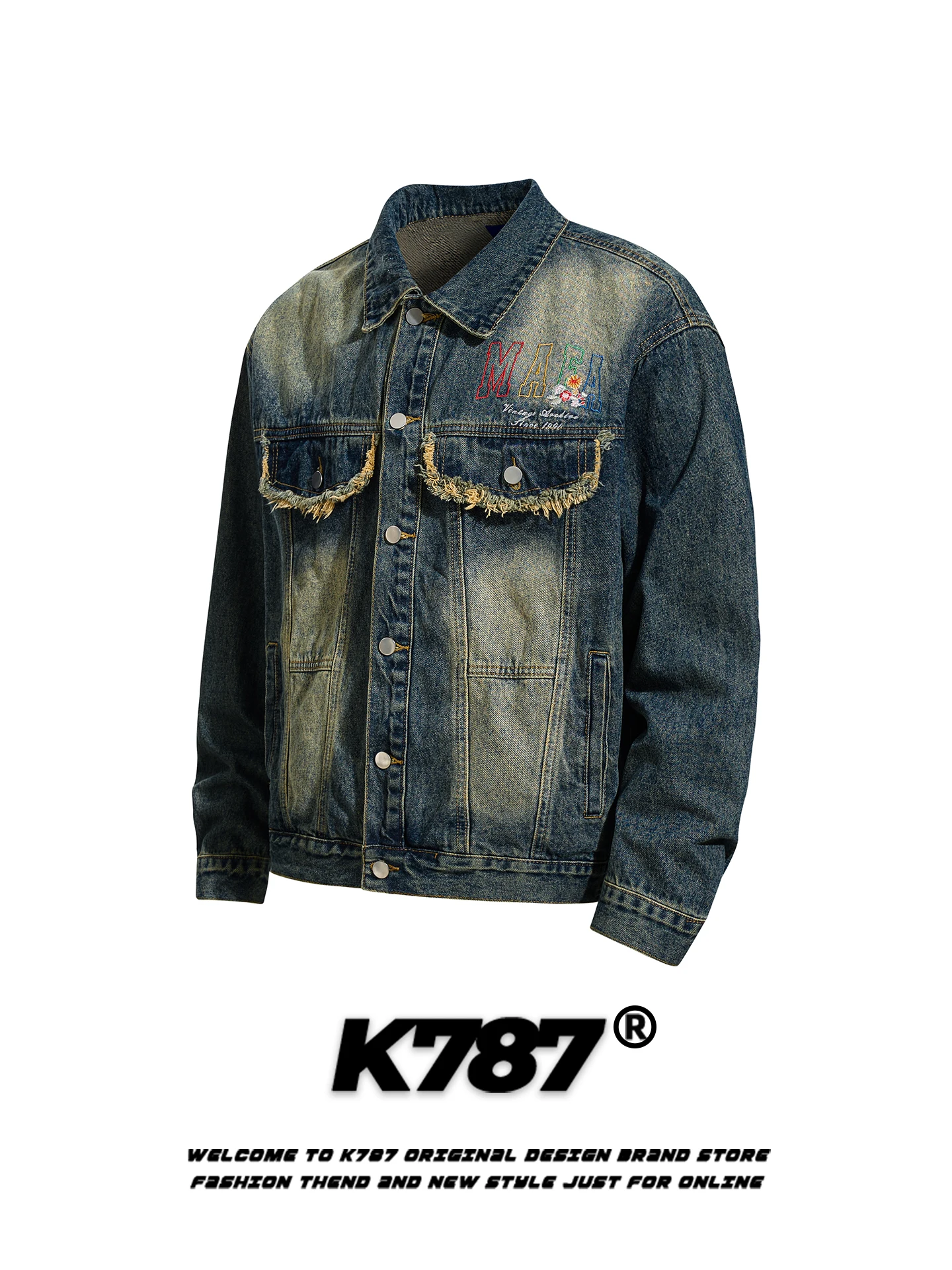 

K787 American Retro Letter Floral Embroidery Jeans Jaet Loose Casual Trendy Brand Vintage Couples Jaet Youth Winter Outer...