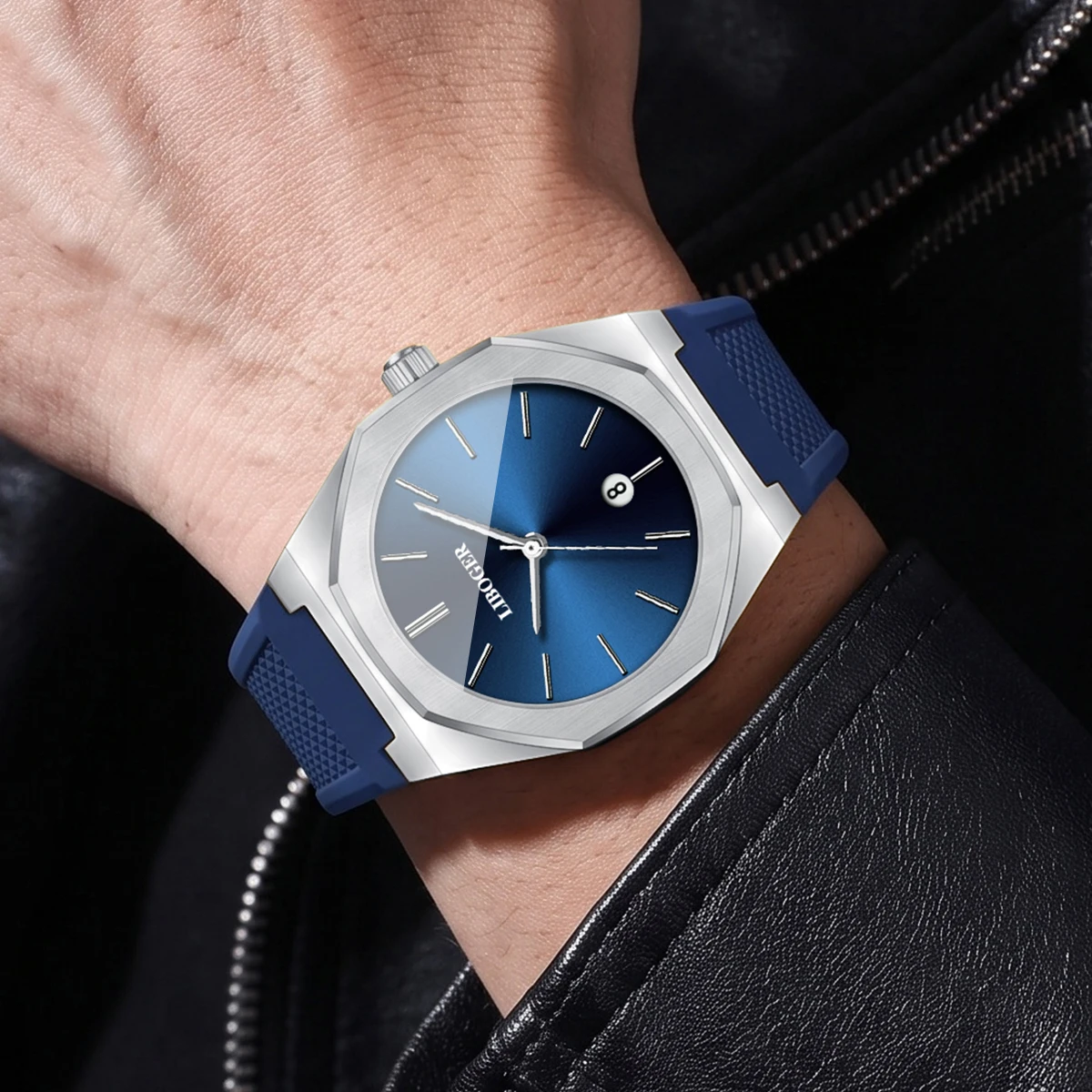 Luxury Octagonal Dial Men Business Watches Casual Date Silicone Strap Quartz Sports Wristwatches Relogio Masculino（Without Box）