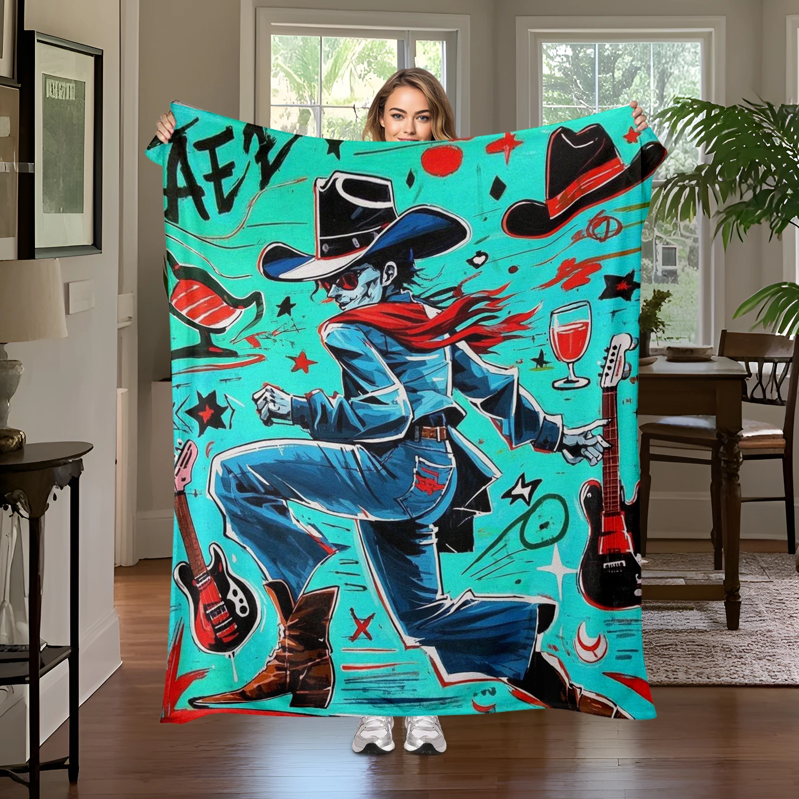 Playful Graffiti Style Cowboy Guitar Blanket Brings Urban Flair To Your Home Decor Great For Kids