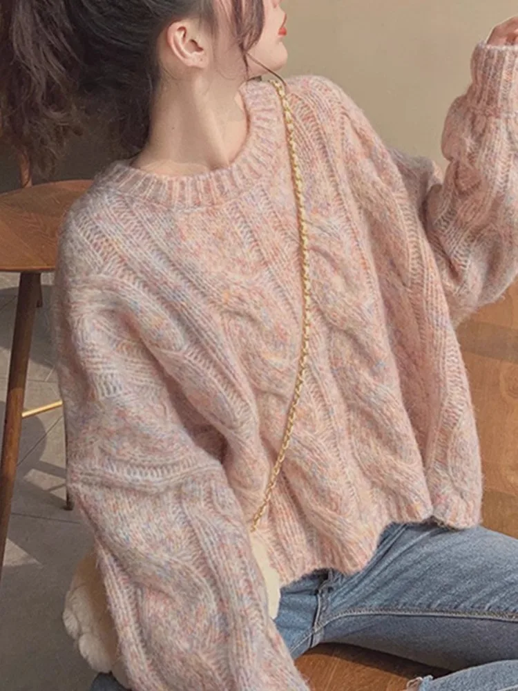 Jersey de punto rosa suave para mujer, suéter informal de manga larga con textura de cuello redondo, parte inferior, suéter elegante para ir al trabajo, primavera 2025