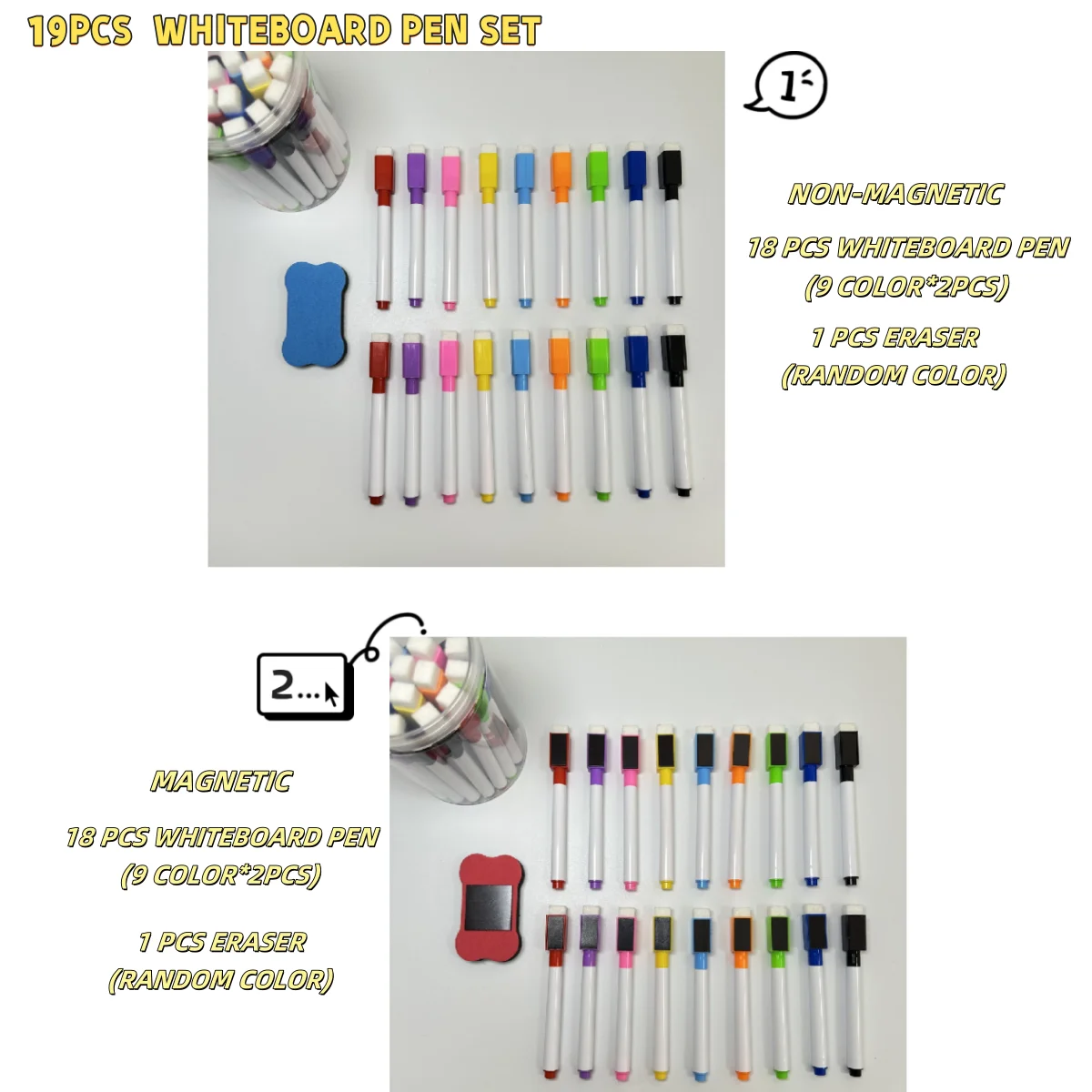 19Pcs Set of  Erasable Whiteboard Pens 18pcs With Random Color Eraser 1pcs Suitable For Whiteboards Refrigerators Schools office