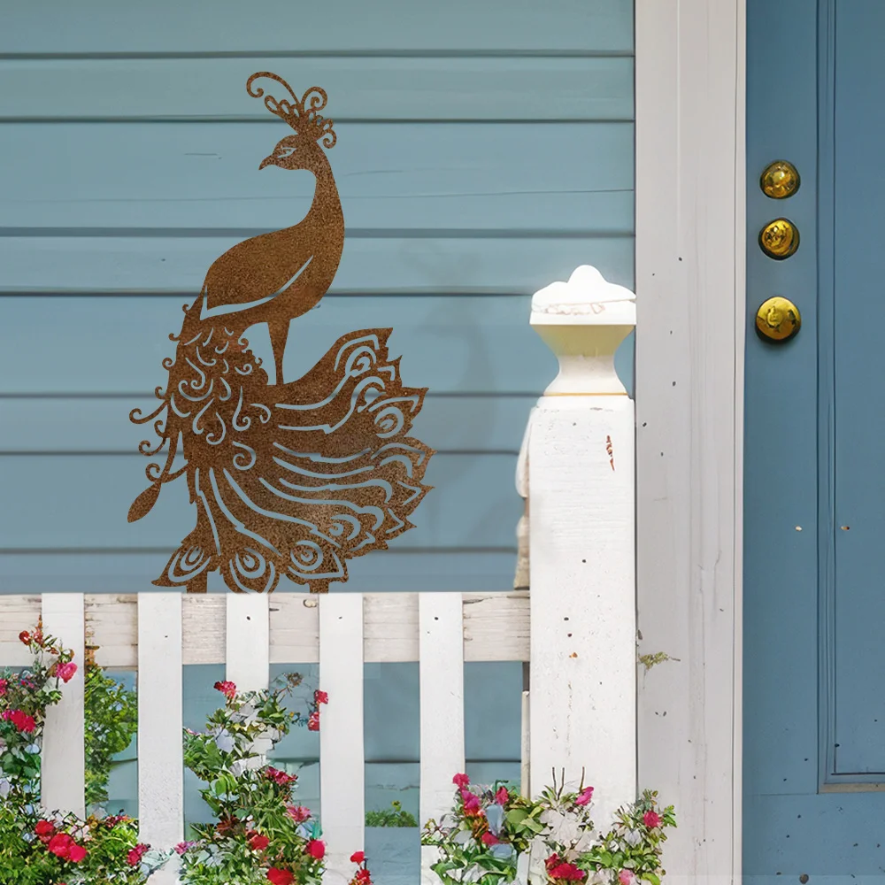 Rustic Craft Rusty Pea Rooster Statue Garden Stake Decor, Rusted Metal Pea Rooster Yard Art Lawn Decoration Outdoor Sculpture