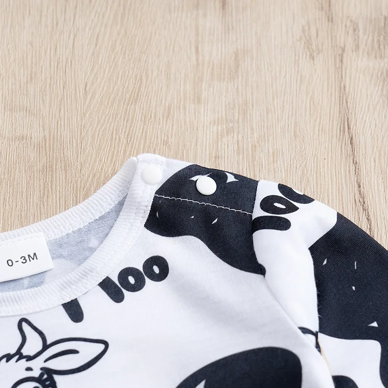 Spring And Autumn Boys And Girls Cute Cartoon Cow Full Print Comfortable Casual Long Sleeve Baby Bodysuit